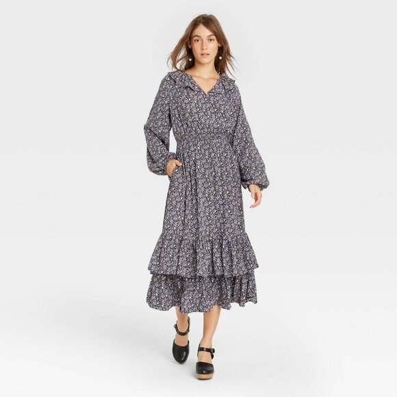 Women's Floral Print Balloon Long Sleeve Ruffle Collar Dress XS - Picture 1 of 5